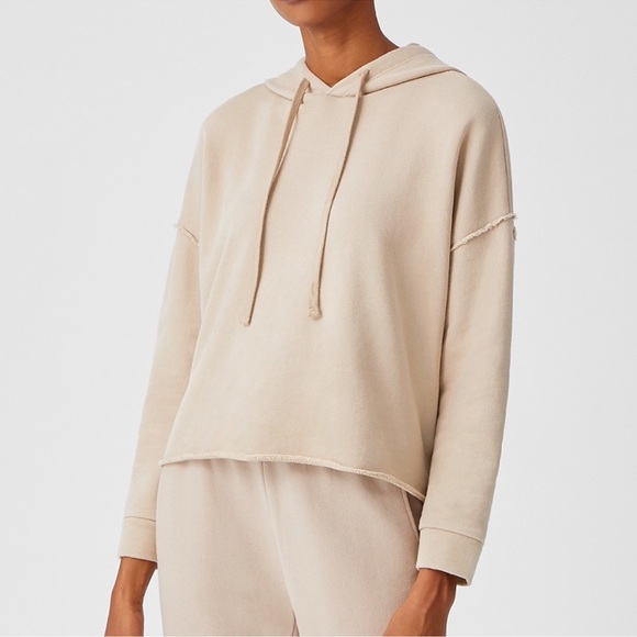 Eileen Fisher Tops - Eileen Fisher Organic Cotton Cropped Khaki Tan Raw Hem Lounge Hoodie Sweatshirt